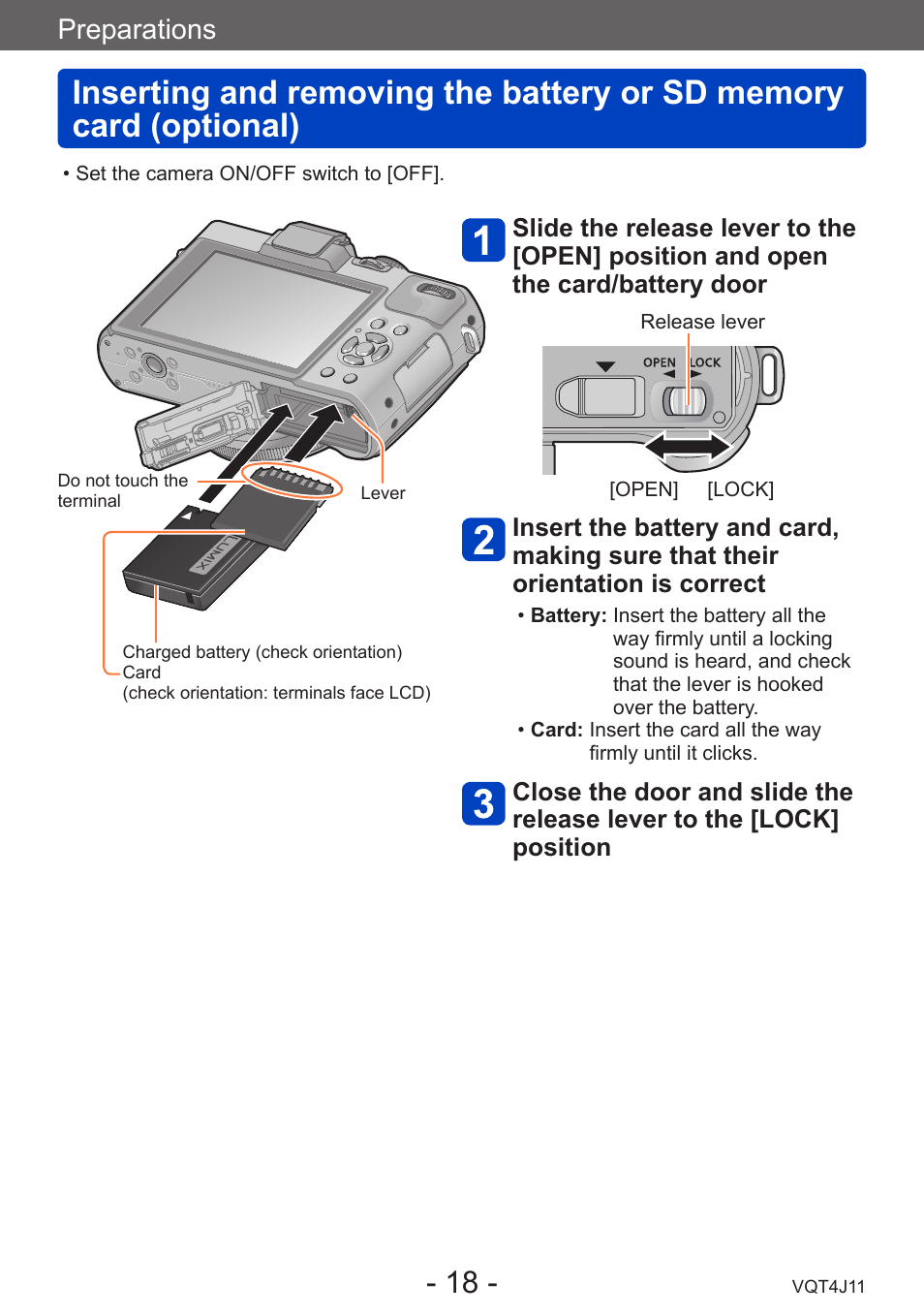 Inserting and removing the battery, Or sd memory card (optional), Preparations | Panasonic DMC-LX7K User Manual | Page 18 / 226