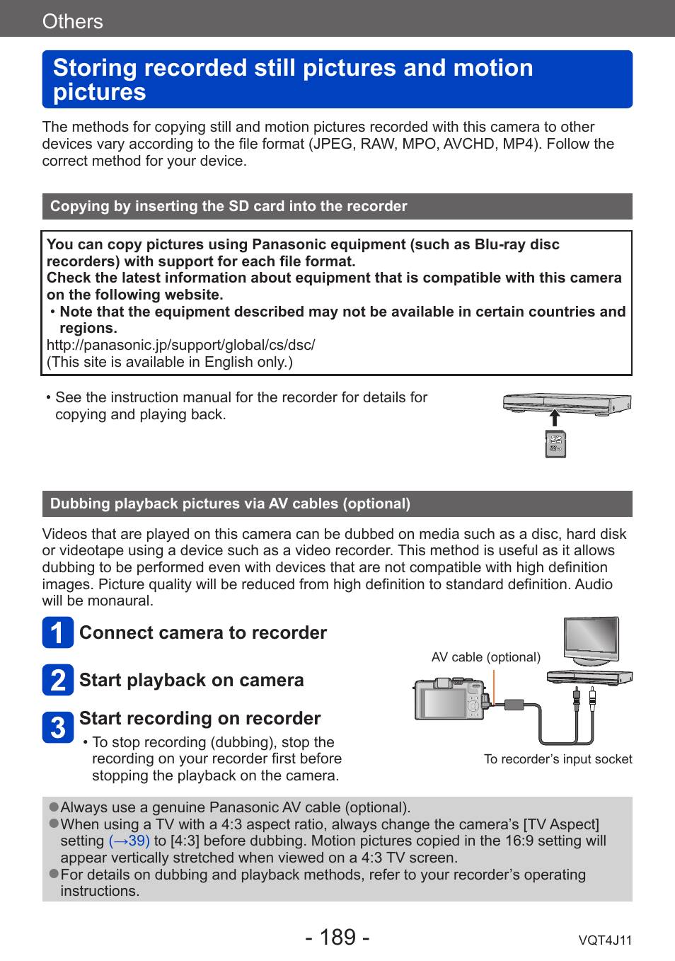 Copying by inserting the sd card into the recorder, Dubbing playback pictures via av cables (optional), Storing recorded still pictures and | Motion pictures, Copying by inserting the sd card into the, Recorder, Dubbing playback pictures via av cables, Optional), Others, Connect camera to recorder | Panasonic DMC-LX7K User Manual | Page 189 / 226