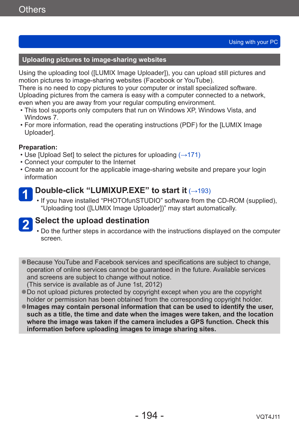 Uploading pictures to image-sharing websites, Uploading pictures to image-sharing, Websites | Others | Panasonic DMC-LX7K User Manual | Page 194 / 226