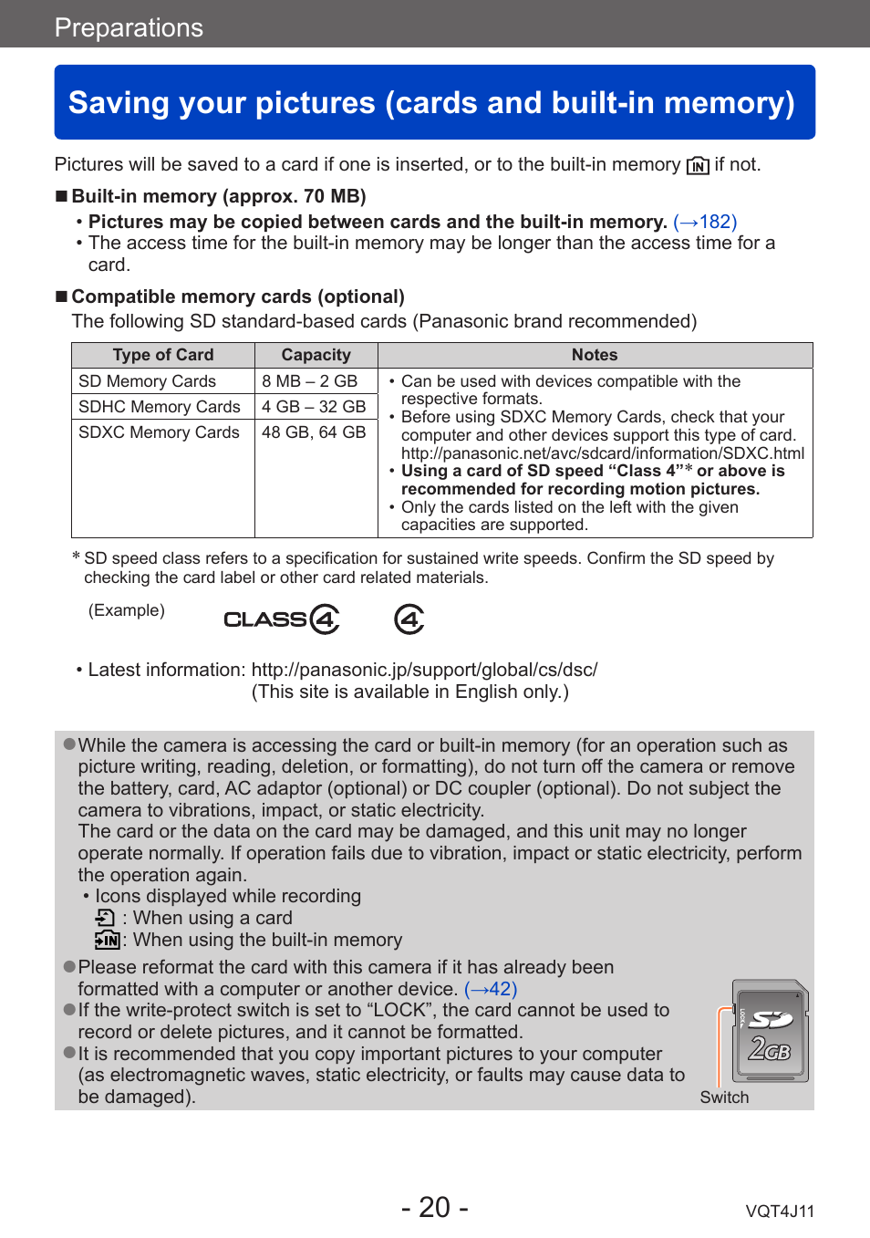 Saving your pictures (cards and built-in memory), Saving your pictures, Cards and built-in memory) | Preparations | Panasonic DMC-LX7K User Manual | Page 20 / 226