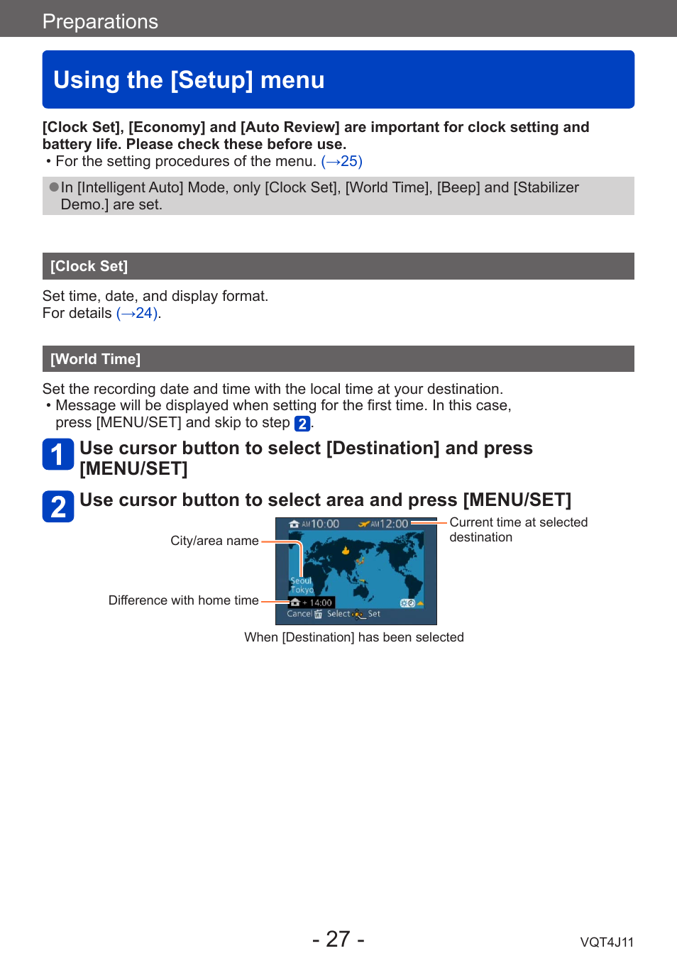 Using the [setup] menu, Clock set, World time | Preparations | Panasonic DMC-LX7K User Manual | Page 27 / 226