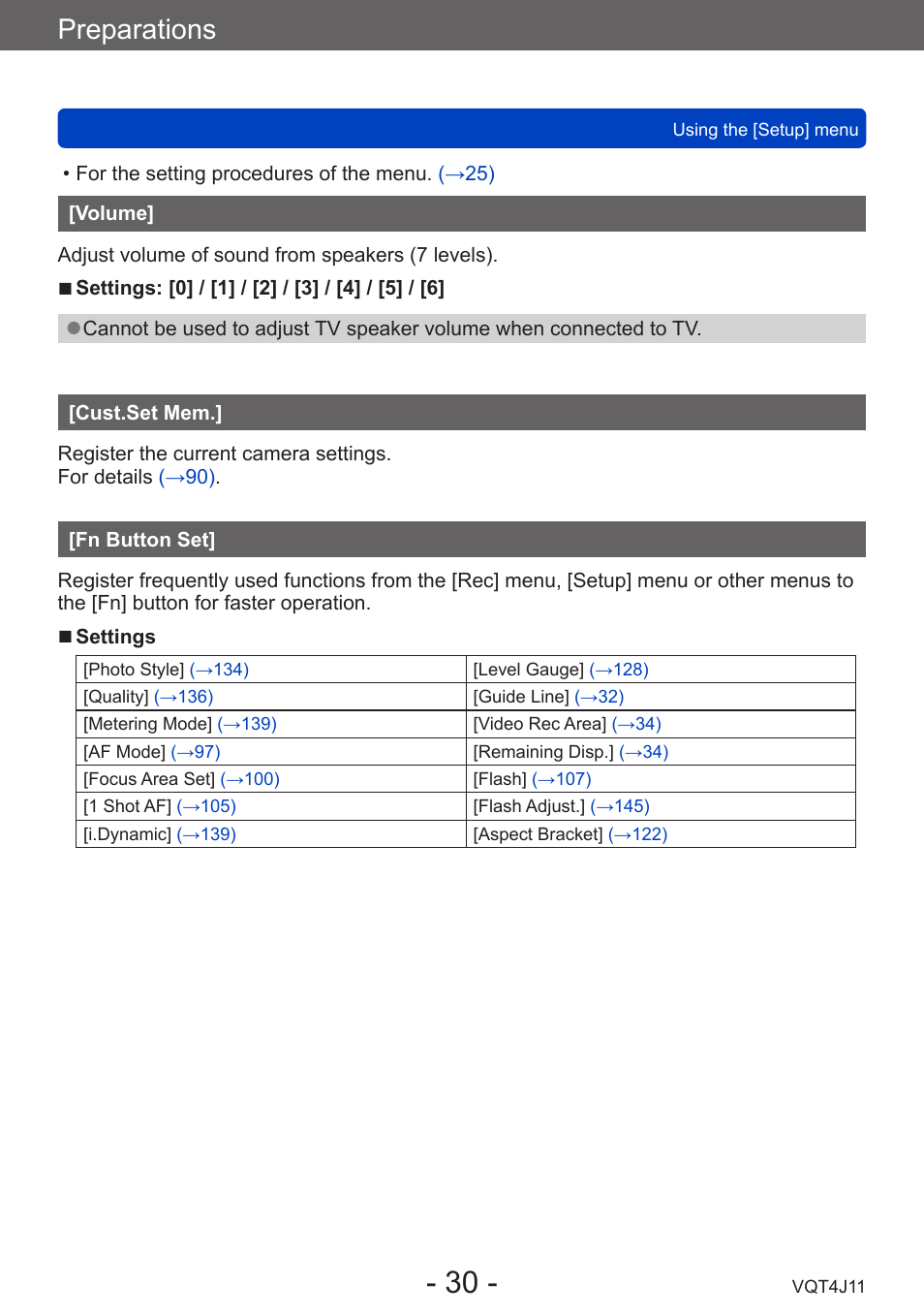 Volume, Cust.set mem, Fn button set | Preparations | Panasonic DMC-LX7K User Manual | Page 30 / 226