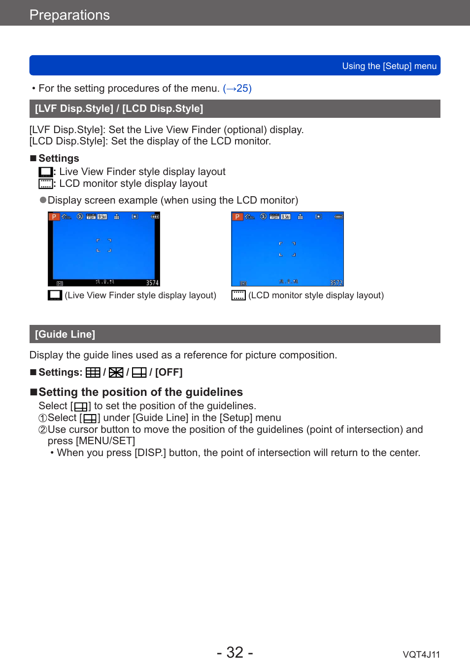 Lvf disp.style] / [lcd disp.style, Guide line, Preparations | Panasonic DMC-LX7K User Manual | Page 32 / 226