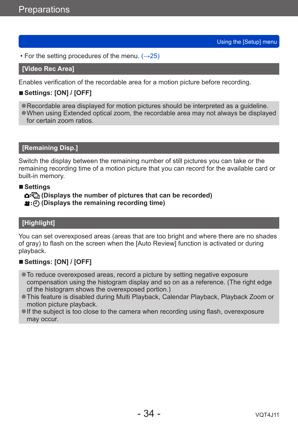 Video rec area, Remaining disp, Highlight | Preparations | Panasonic DMC-LX7K User Manual | Page 34 / 226
