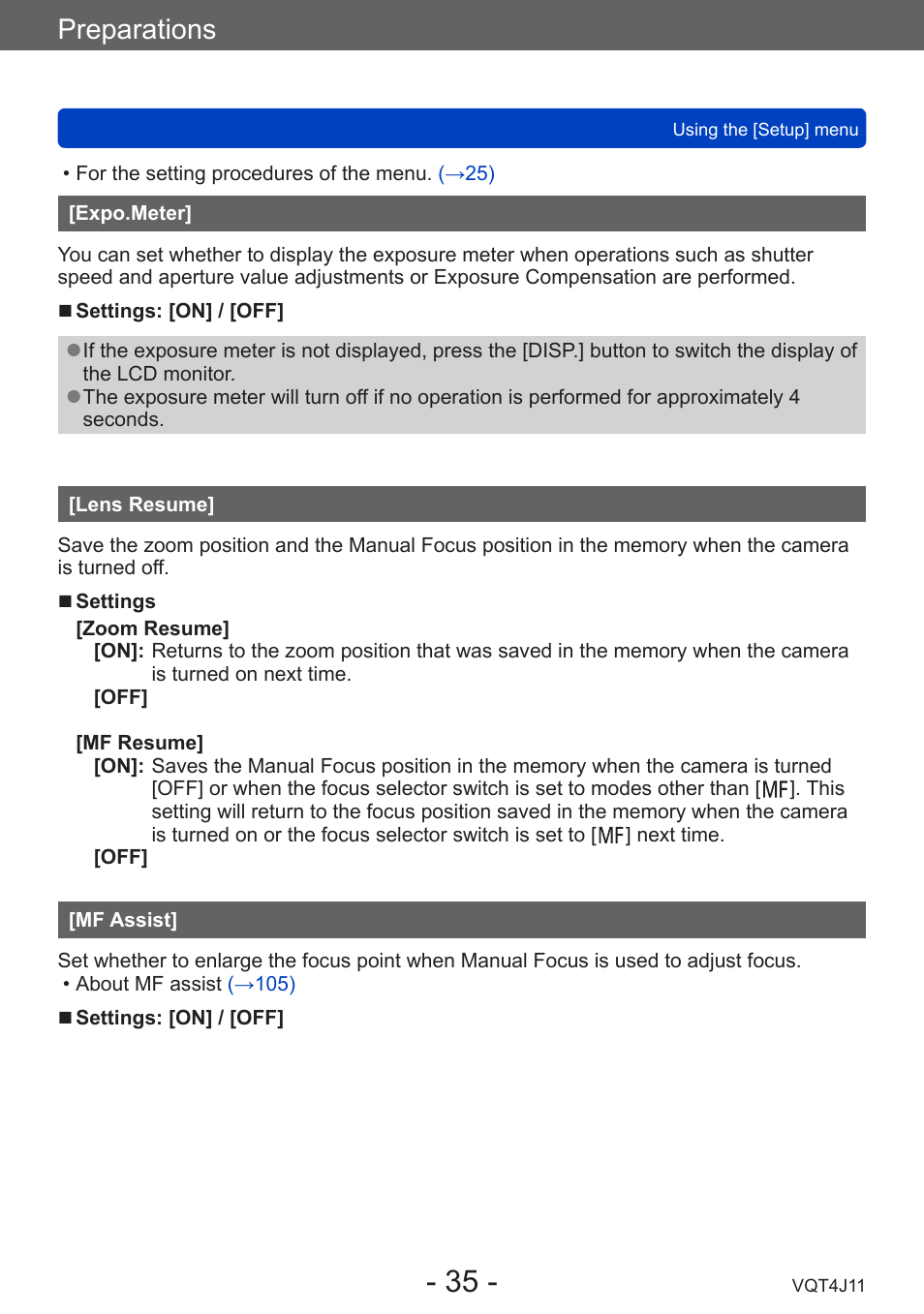 Expo.meter, Lens resume, Mf assist | Preparations | Panasonic DMC-LX7K User Manual | Page 35 / 226