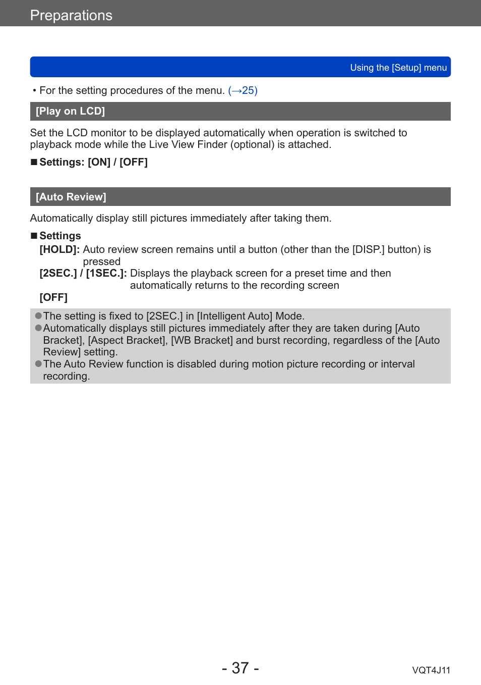 Play on lcd, Auto review, Preparations | Panasonic DMC-LX7K User Manual | Page 37 / 226