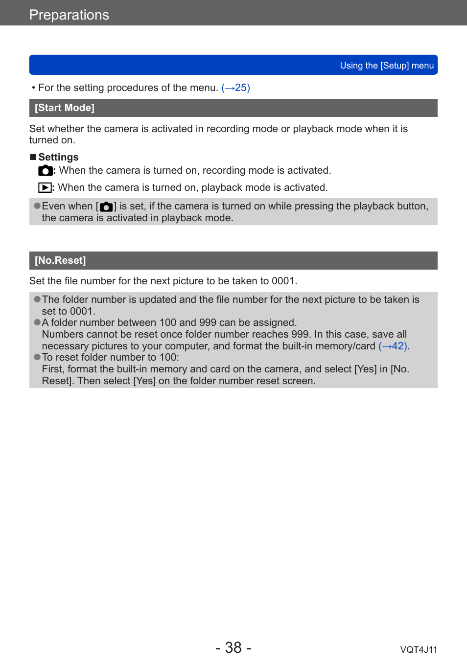 Start mode, No.reset, Preparations | Panasonic DMC-LX7K User Manual | Page 38 / 226