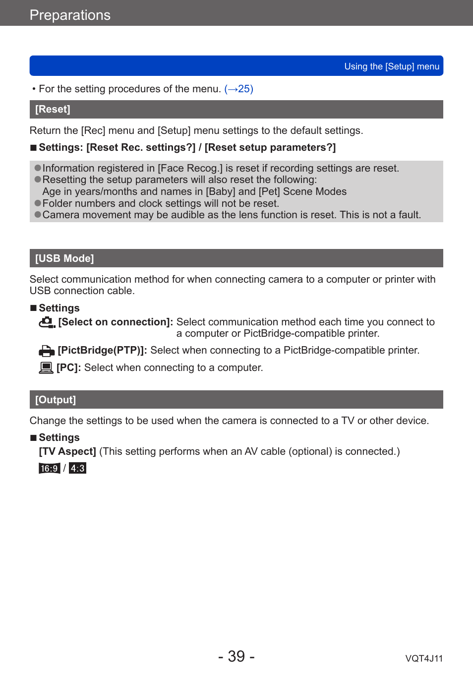 Reset, Usb mode, Output | Preparations | Panasonic DMC-LX7K User Manual | Page 39 / 226
