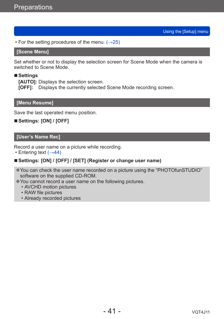 Scene menu, Menu resume, User’s name rec | Preparations | Panasonic DMC-LX7K User Manual | Page 41 / 226