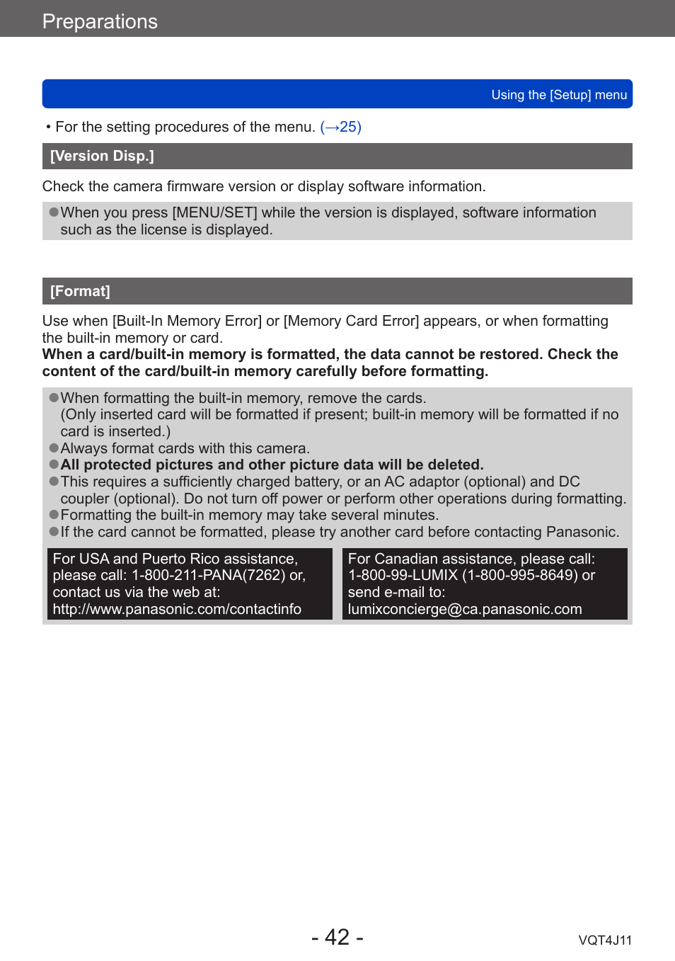 Version disp, Format, Preparations | Panasonic DMC-LX7K User Manual | Page 42 / 226