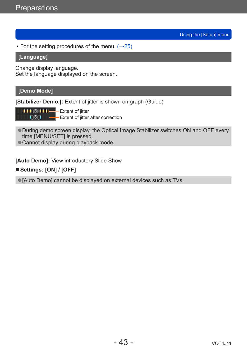 Language, Demo mode, Preparations | Panasonic DMC-LX7K User Manual | Page 43 / 226