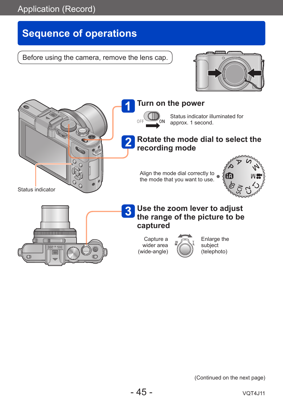 Application (record), Sequence of operations, Turn on the power | Rotate the mode dial to select the recording mode | Panasonic DMC-LX7K User Manual | Page 45 / 226