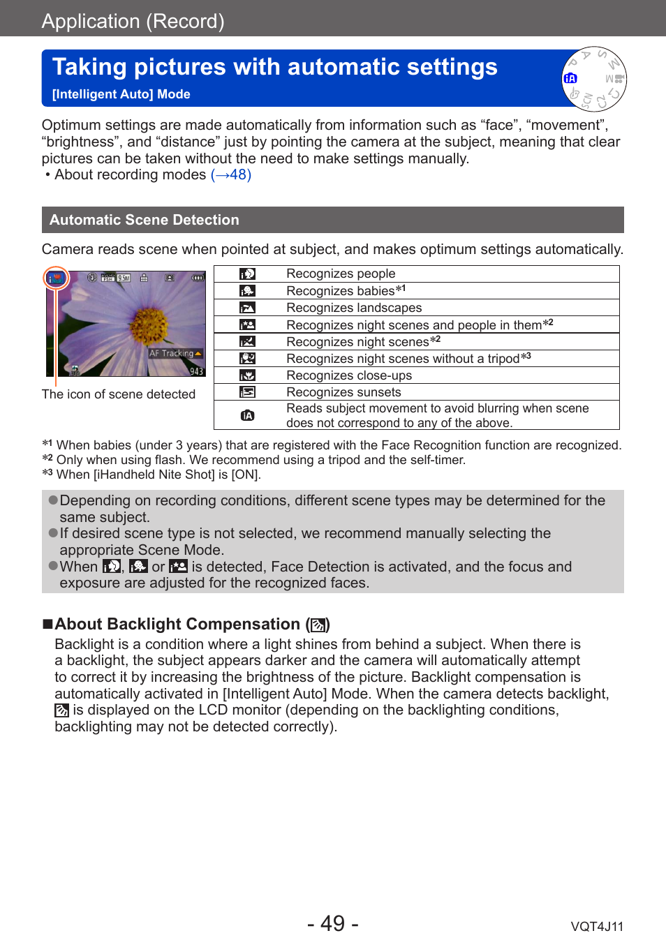 Automatic scene detection, Taking pictures with automatic settings, Intelligent auto] mode | Application (record) | Panasonic DMC-LX7K User Manual | Page 49 / 226
