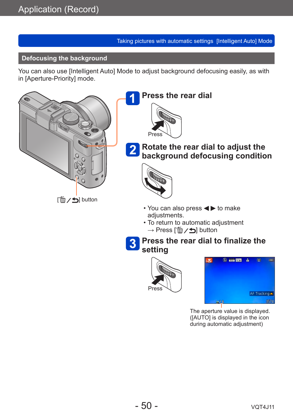 Defocusing the background, Application (record), Press the rear dial | Press the rear dial to finalize the setting | Panasonic DMC-LX7K User Manual | Page 50 / 226