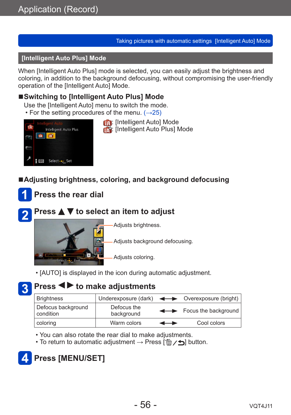 Intelligent auto plus] mode, Application (record), Press to make adjustments | Press [menu/set | Panasonic DMC-LX7K User Manual | Page 56 / 226