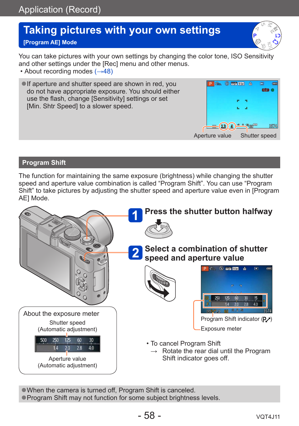 Program shift, Taking pictures with your own settings, Program ae] mode | Application (record) | Panasonic DMC-LX7K User Manual | Page 58 / 226
