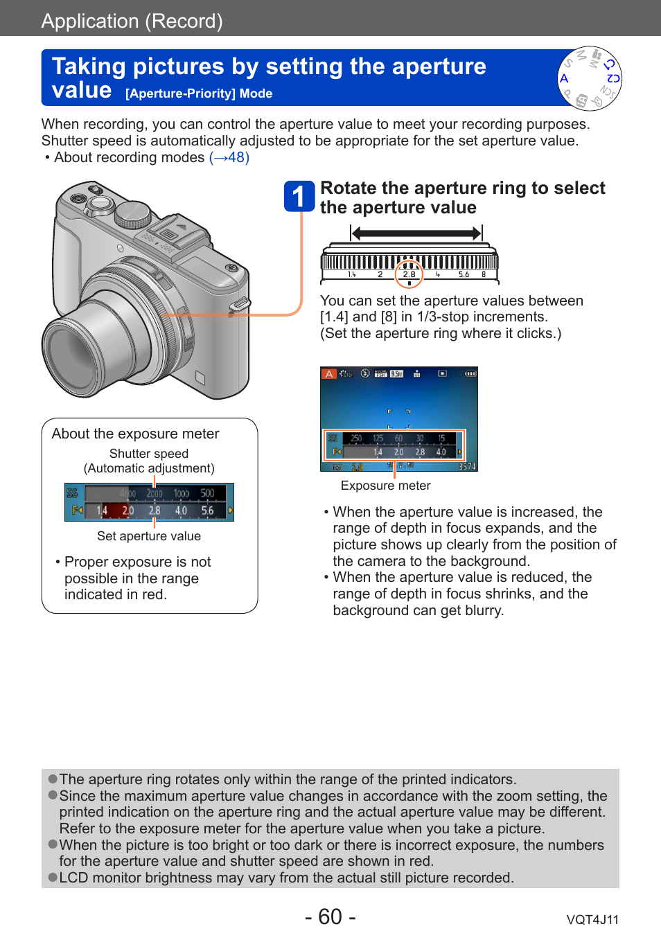 Taking pictures by setting the, Aperture value, Aperture-priority] mode | Taking pictures by setting the aperture value, Application (record) | Panasonic DMC-LX7K User Manual | Page 60 / 226
