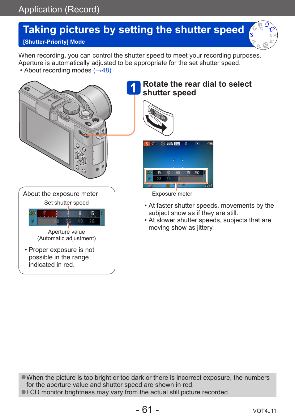 Taking pictures by setting the, Shutter speed, Shutter-priority] mode | Taking pictures by setting the shutter speed, Application (record) | Panasonic DMC-LX7K User Manual | Page 61 / 226