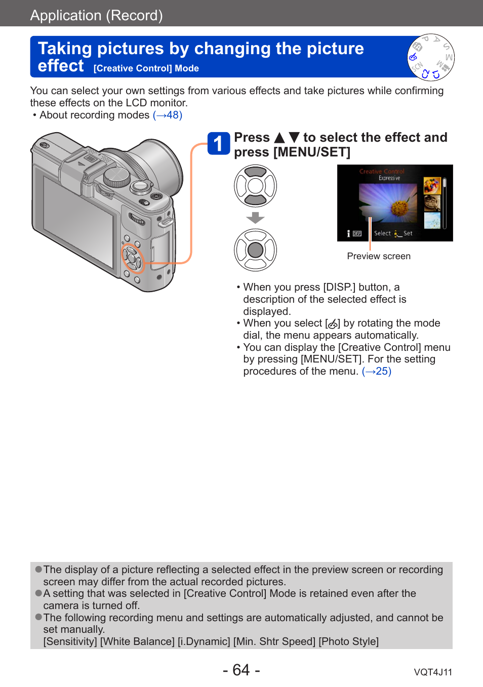 Taking pictures by changing the, Picture effect, Creative control] mode | Taking pictures by changing the picture effect, Application (record) | Panasonic DMC-LX7K User Manual | Page 64 / 226