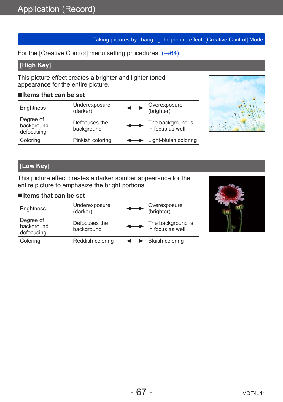 High key, Low key, Application (record) | Panasonic DMC-LX7K User Manual | Page 67 / 226