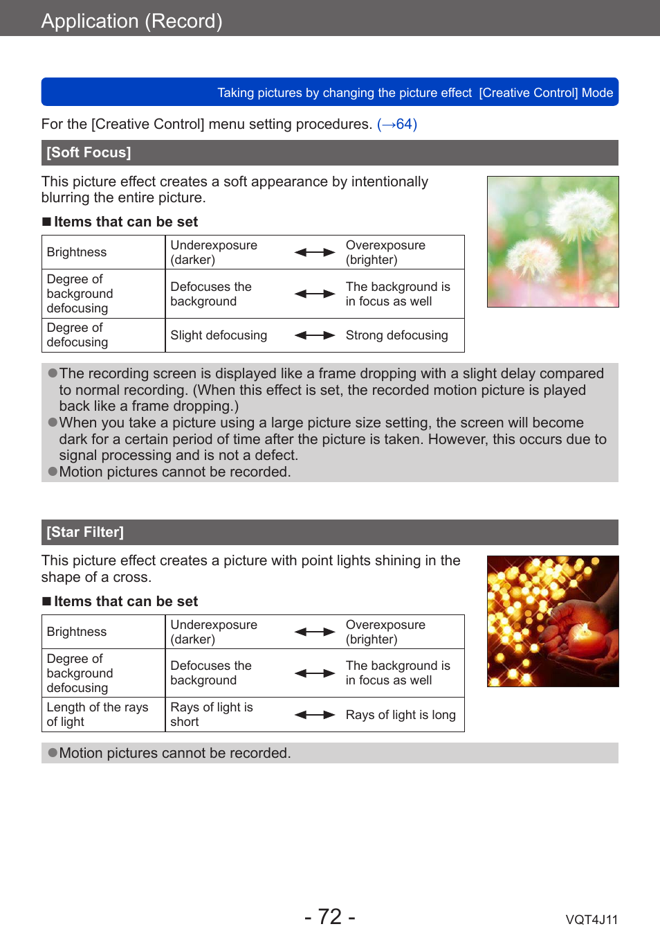 Soft focus, Star filter, Application (record) | Panasonic DMC-LX7K User Manual | Page 72 / 226