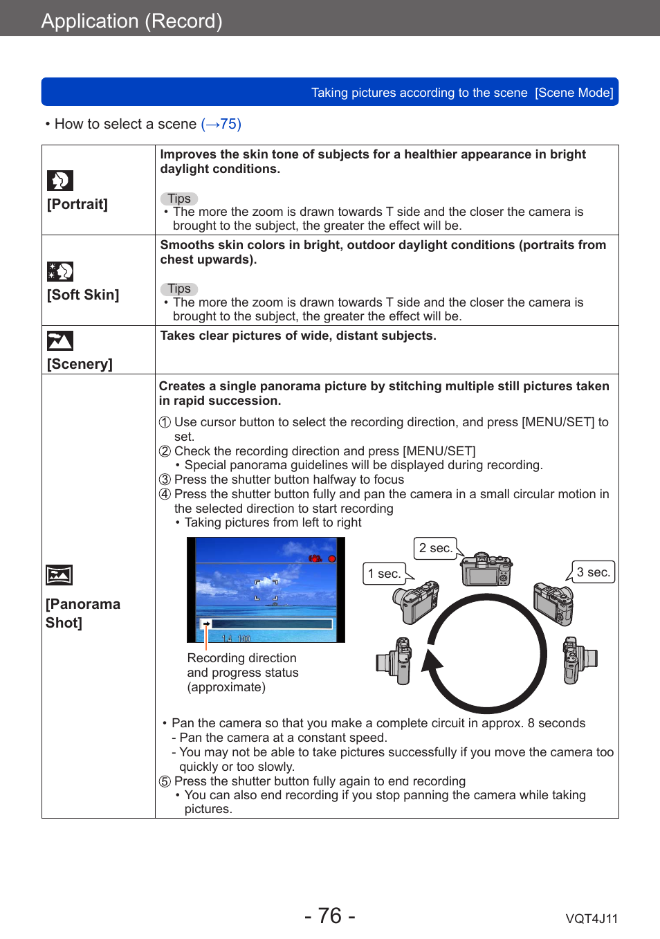 Portrait, Soft skin, Scenery | Panorama shot, Application (record) | Panasonic DMC-LX7K User Manual | Page 76 / 226