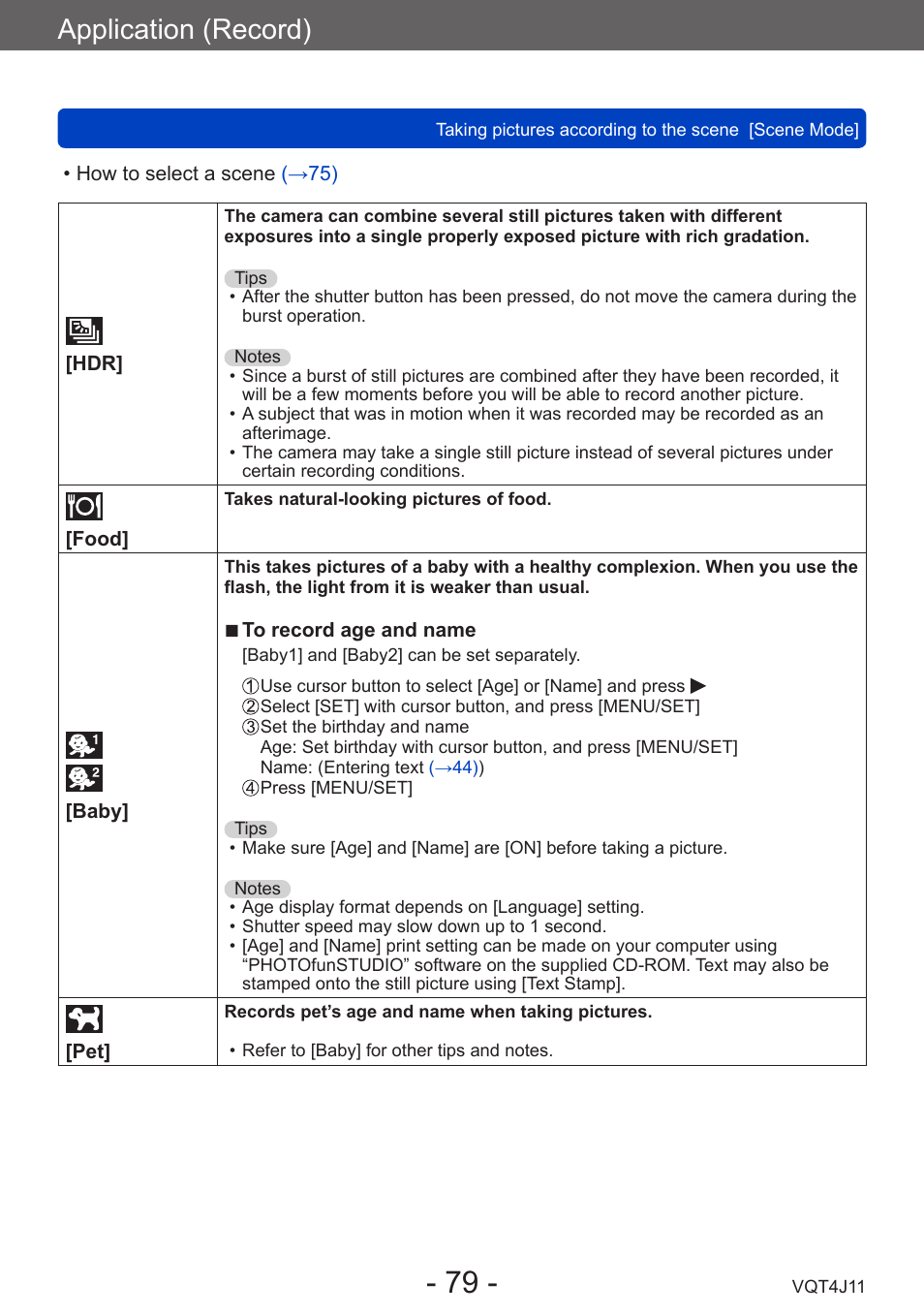 Food, Baby, Application (record) | Panasonic DMC-LX7K User Manual | Page 79 / 226
