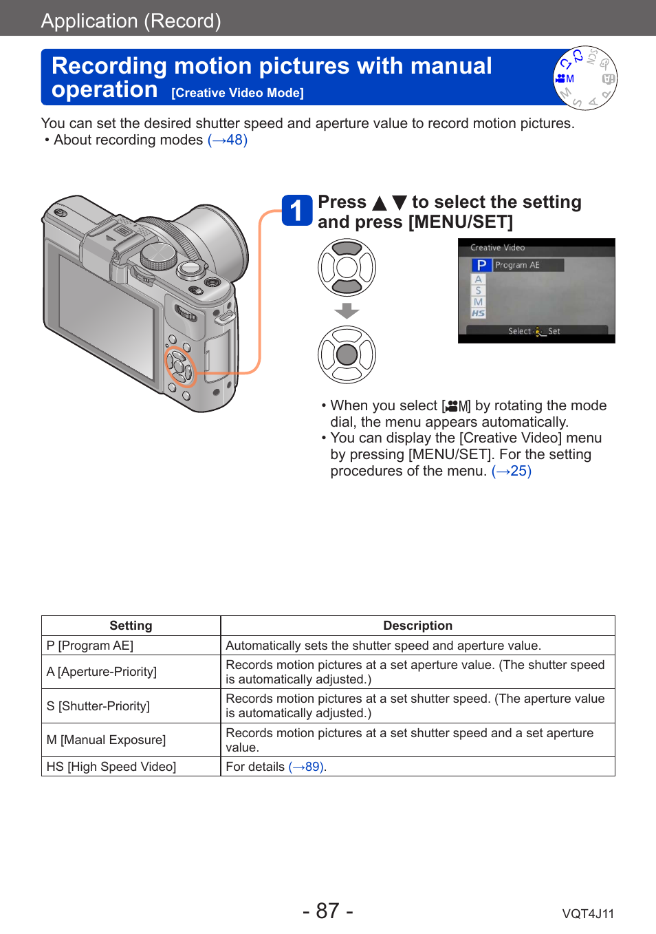 Recording motion pictures with manual, Operation [creative video mode, Recording motion pictures with manual operation | Application (record), Press to select the setting and press [menu/set | Panasonic DMC-LX7K User Manual | Page 87 / 226