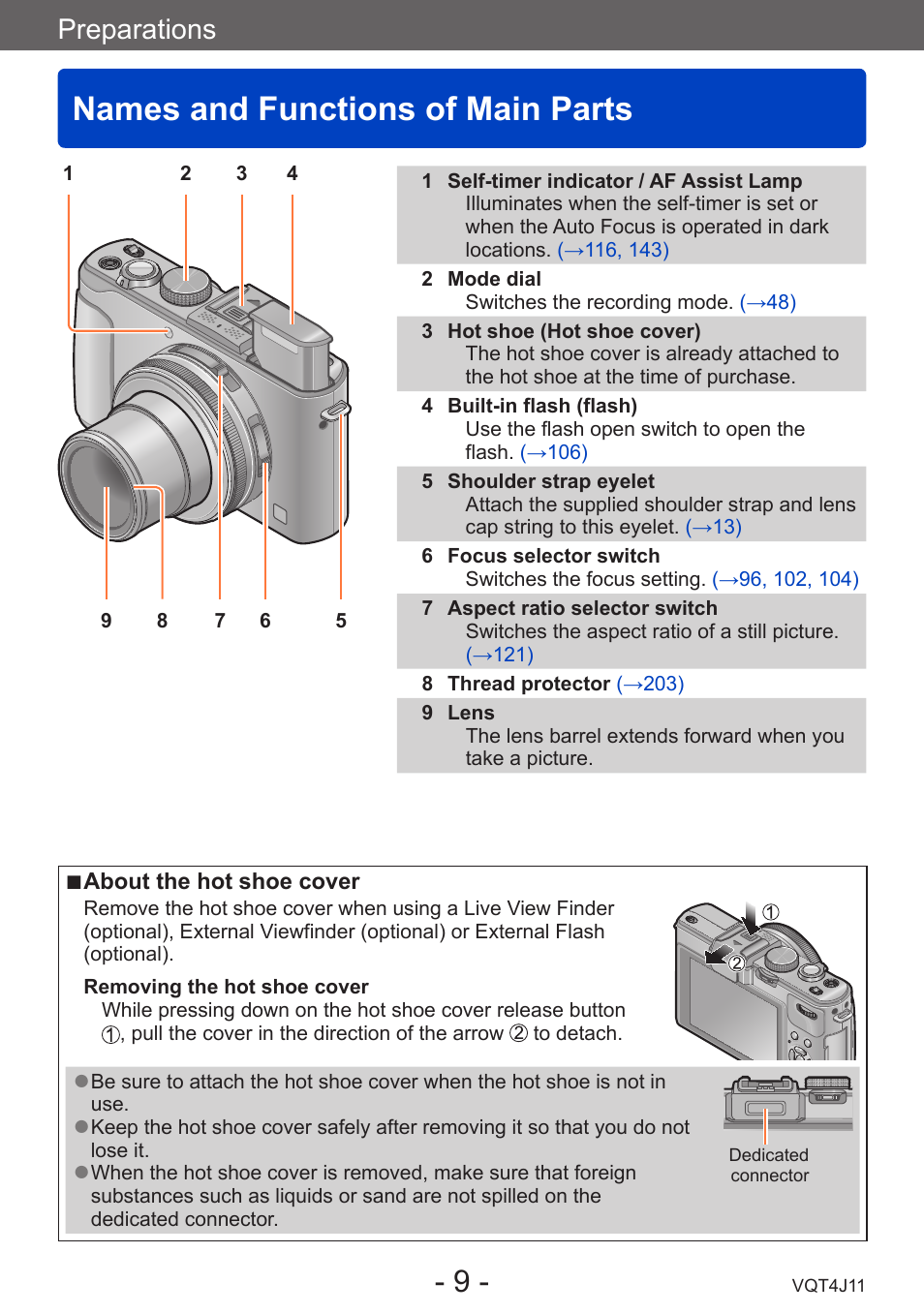 Names and functions of main parts, Preparations | Panasonic DMC-LX7K User Manual | Page 9 / 226
