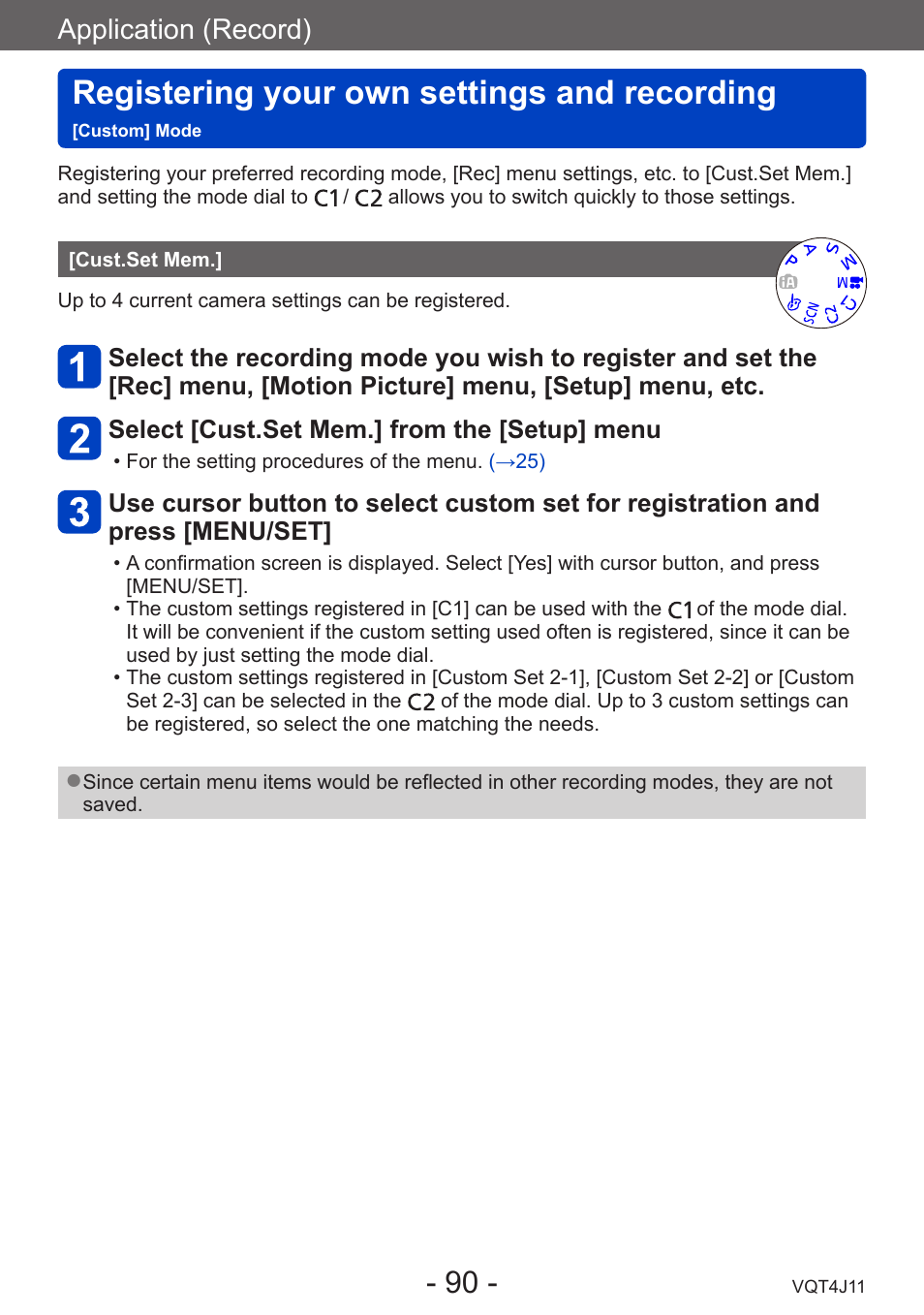 Cust.set mem, Registering your own settings and, Recording [custom] mode | Registering your own settings and recording, Application (record) | Panasonic DMC-LX7K User Manual | Page 90 / 226
