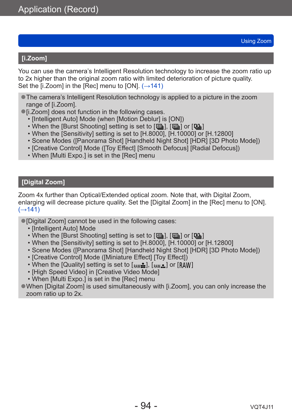 I.zoom, Digital zoom, Application (record) | Panasonic DMC-LX7K User Manual | Page 94 / 226