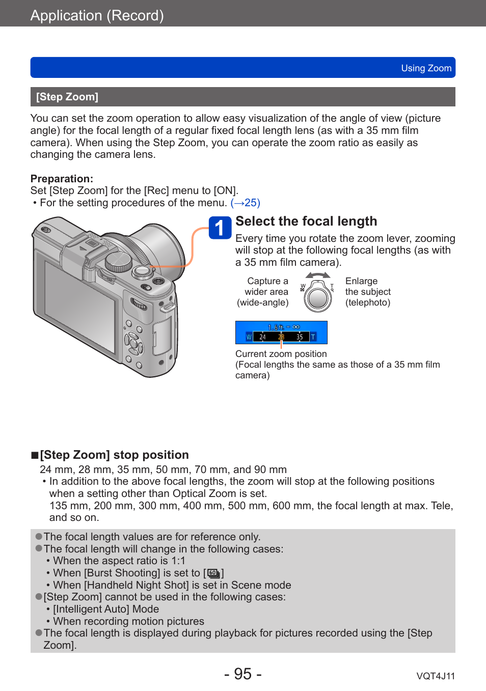 Step zoom, Application (record), Select the focal length | Panasonic DMC-LX7K User Manual | Page 95 / 226