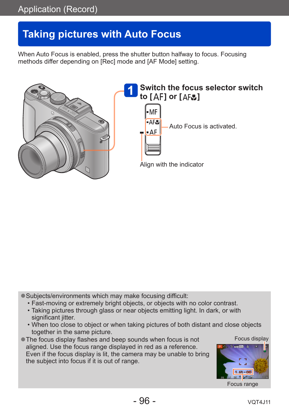 Taking pictures with auto focus, Application (record) | Panasonic DMC-LX7K User Manual | Page 96 / 226