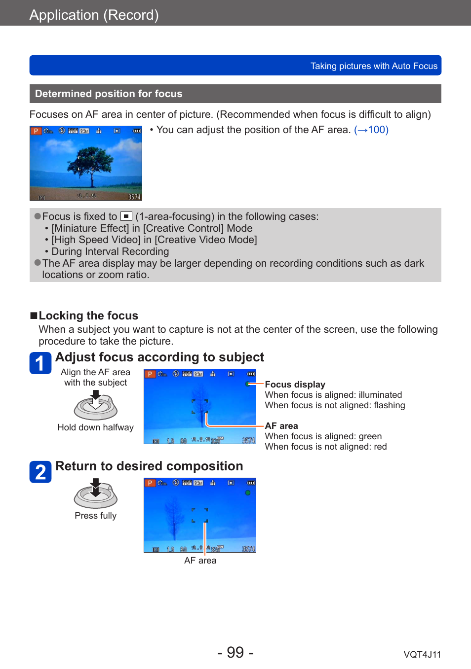 Determined position for focus, Application (record), Adjust focus according to subject | Return to desired composition | Panasonic DMC-LX7K User Manual | Page 99 / 226