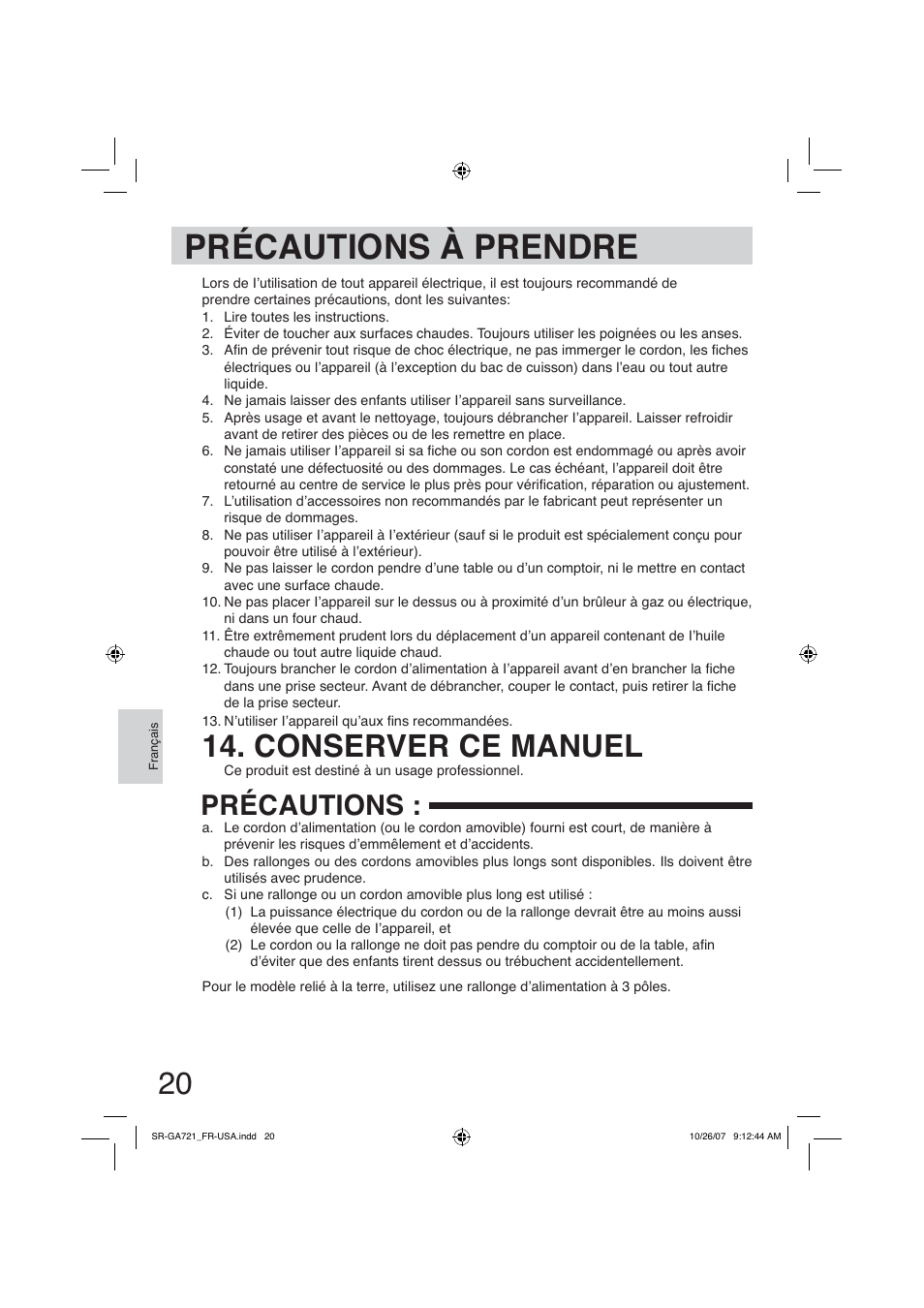 Précautions à prendre, Conserver ce manuel, Précautions | Panasonic SR-GA721 User Manual | Page 20 / 39