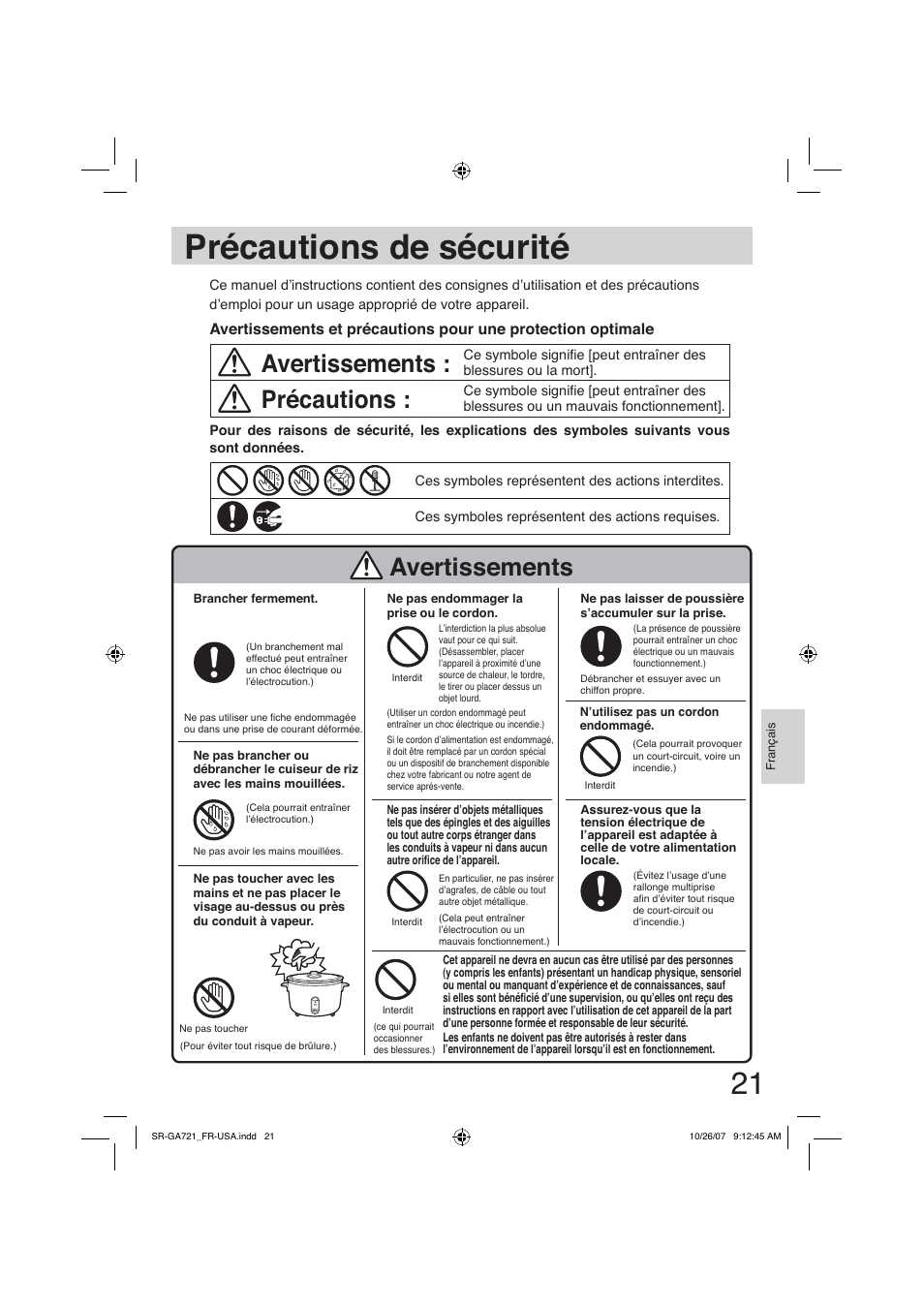 Précautions de sécurité, Avertissements, Précautions | Panasonic SR-GA721 User Manual | Page 21 / 39