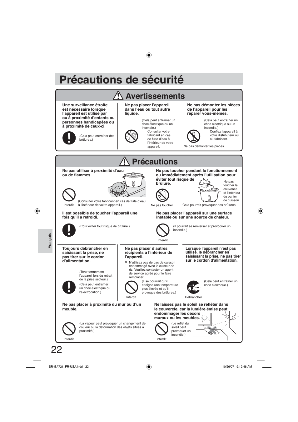 Précautions de sécurité, Précautions, Avertissements | Panasonic SR-GA721 User Manual | Page 22 / 39