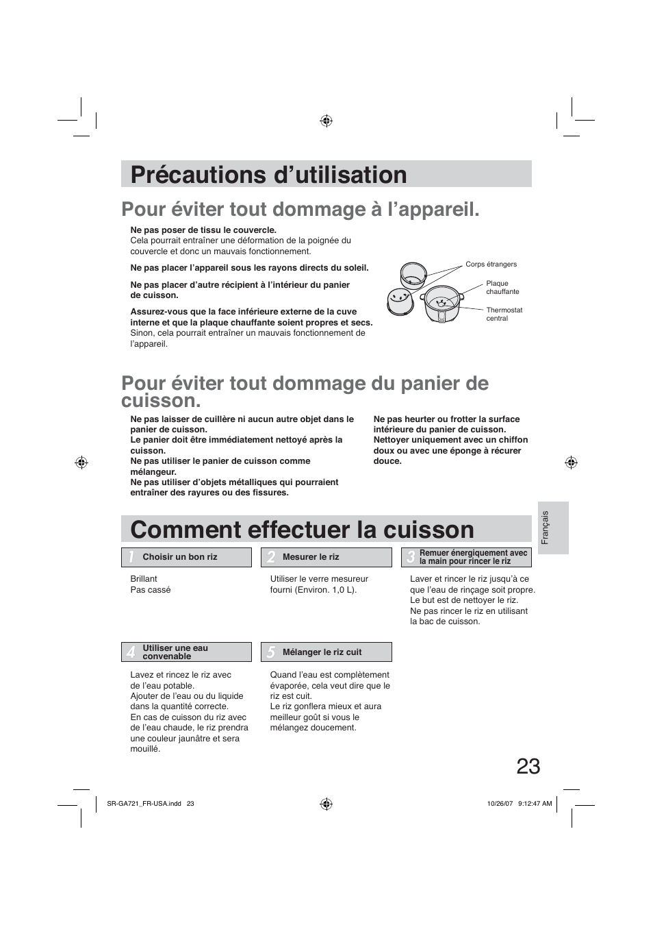 Précautions d’utilisation, Comment effectuer la cuisson | Panasonic SR-GA721 User Manual | Page 23 / 39