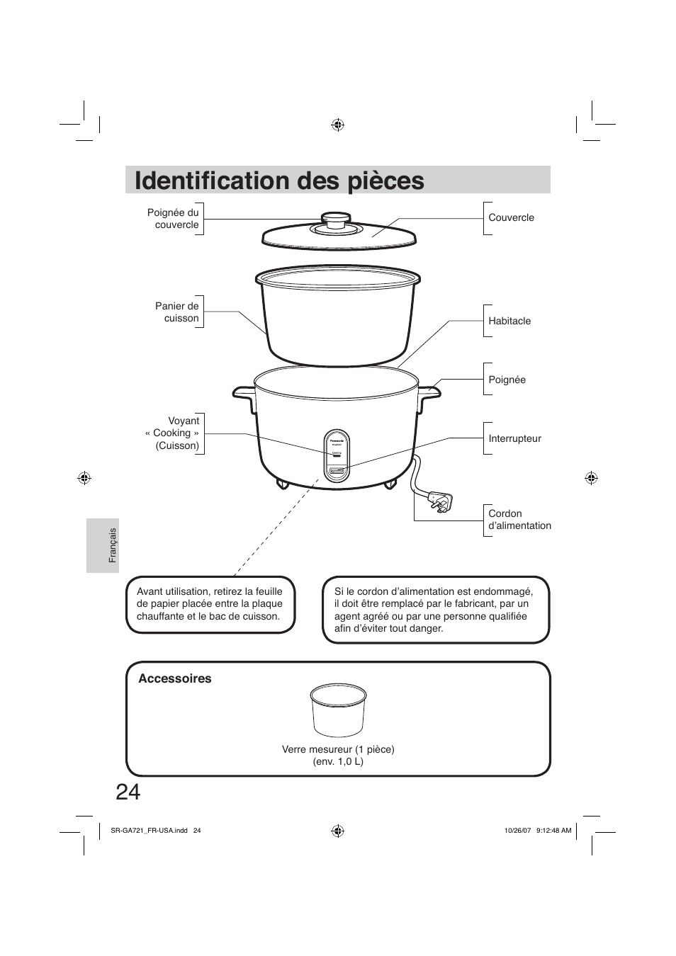 Identification des pièces, Identià cation des pièces | Panasonic SR-GA721 User Manual | Page 24 / 39