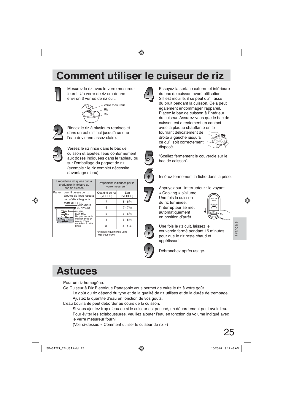 Comment utiliser le cuiseur de riz, Astuces | Panasonic SR-GA721 User Manual | Page 25 / 39