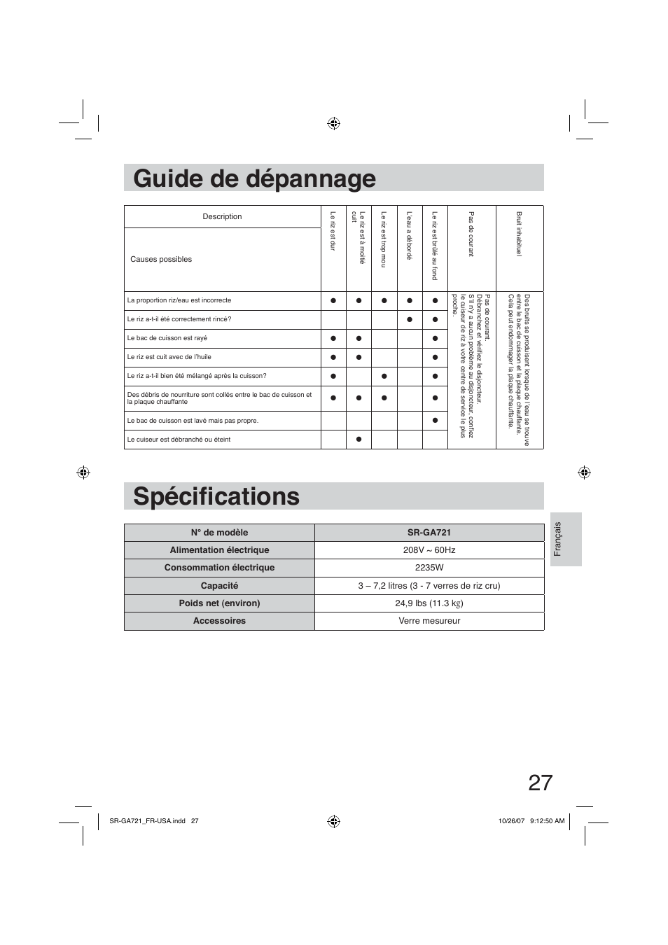 Guide de dépannage, Spécifications, Spécià cations | Panasonic SR-GA721 User Manual | Page 27 / 39