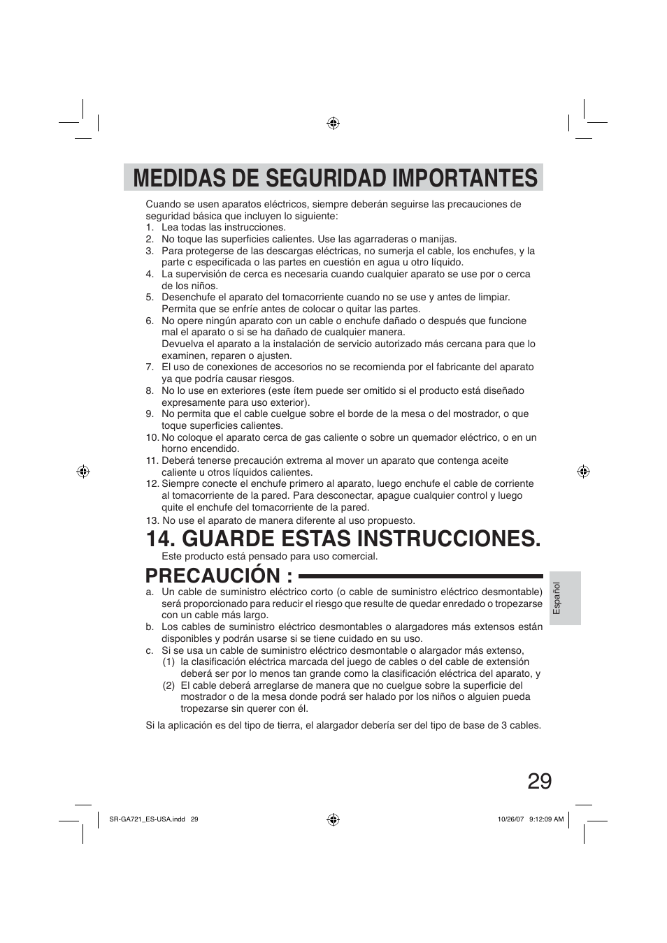 Medidas de seguridad importantes, Guarde estas instrucciones, Precaución | Panasonic SR-GA721 User Manual | Page 29 / 39