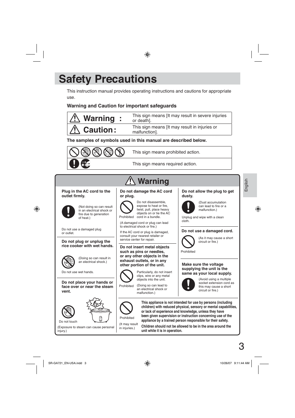 Safety precautions, Warning, Caution | Panasonic SR-GA721 User Manual | Page 3 / 39