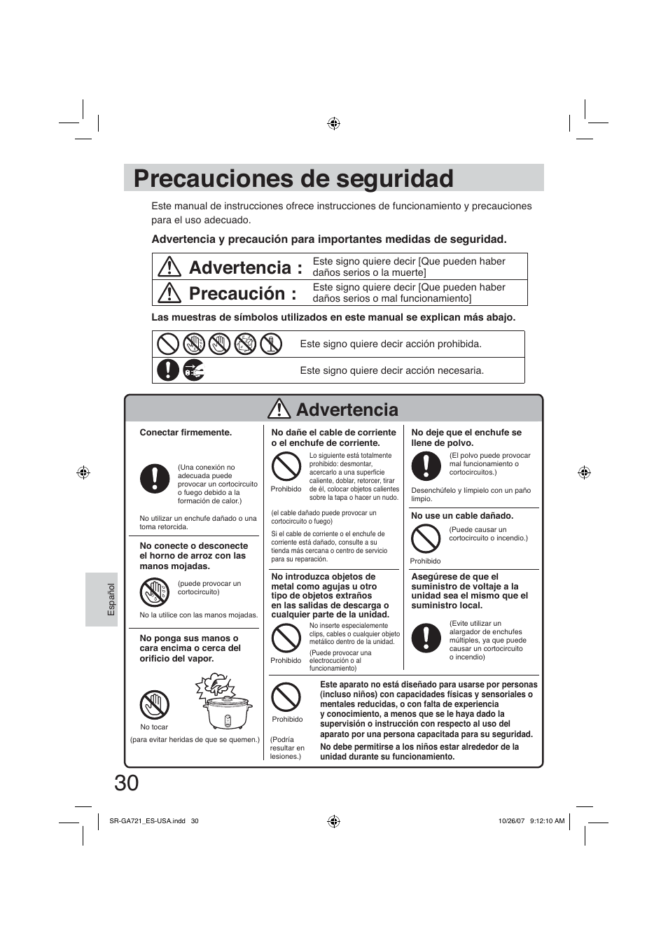 Precauciones de seguridad, Advertencia, Precaución | Panasonic SR-GA721 User Manual | Page 30 / 39