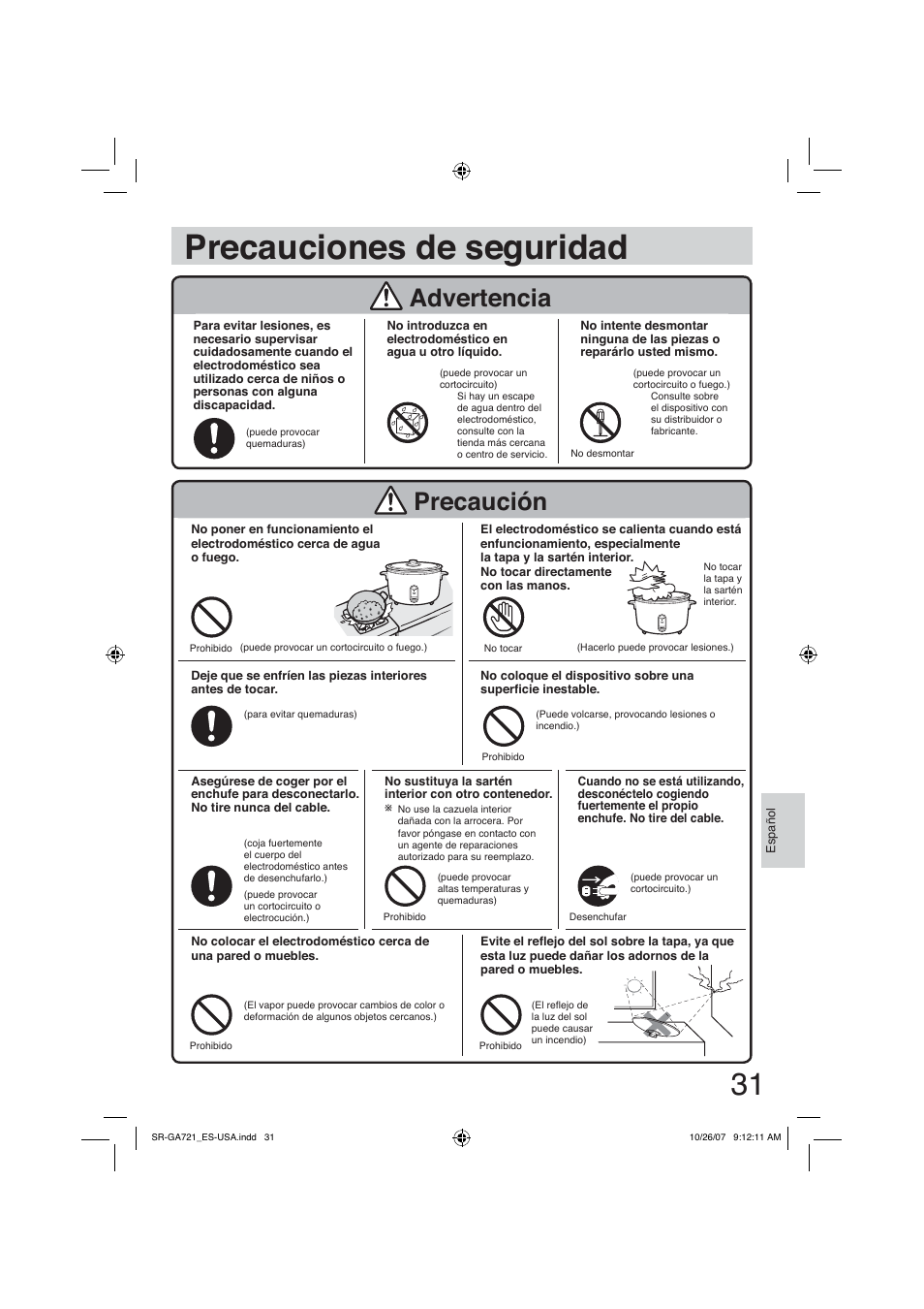 Precauciones de seguridad, Precaución, Advertencia | Panasonic SR-GA721 User Manual | Page 31 / 39