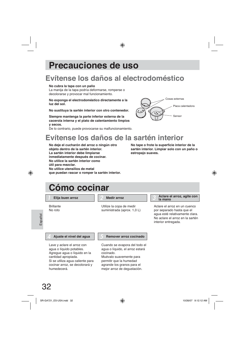 Precauciones de uso, Cómo cocinar, Precauciones de uso cómo cocinar | Panasonic SR-GA721 User Manual | Page 32 / 39
