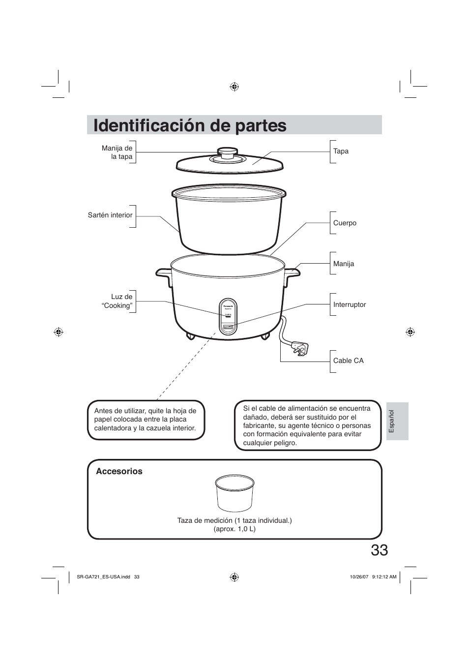 Identificación de partes, Identià cación de partes | Panasonic SR-GA721 User Manual | Page 33 / 39