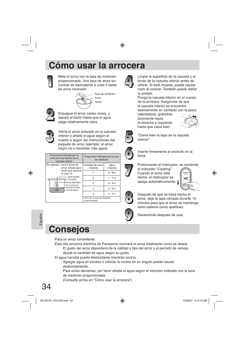 Cómo usar la arrocera, Consejos | Panasonic SR-GA721 User Manual | Page 34 / 39