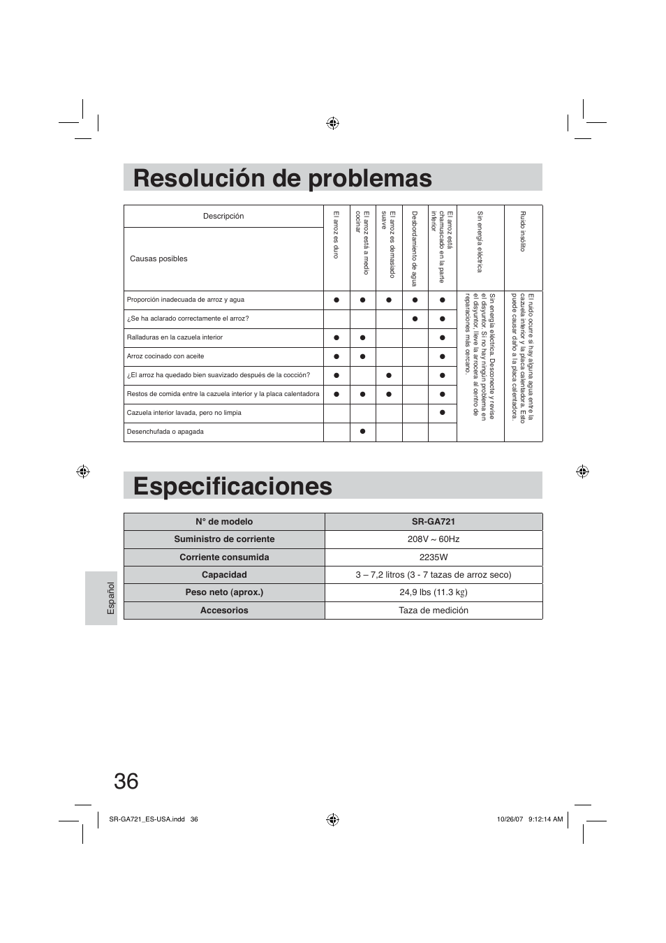 Resolución de problemas, Especificaciones, Especià caciones | Panasonic SR-GA721 User Manual | Page 36 / 39