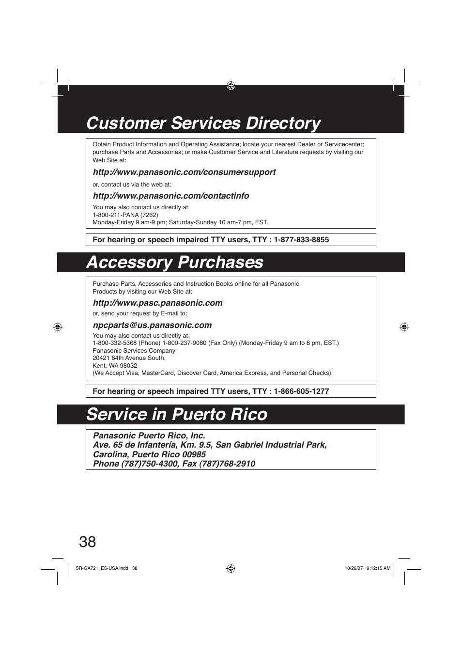 Customer service directory | Panasonic SR-GA721 User Manual | Page 38 / 39